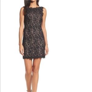 Adrianna Papell black lace dress with tan underlay size 2